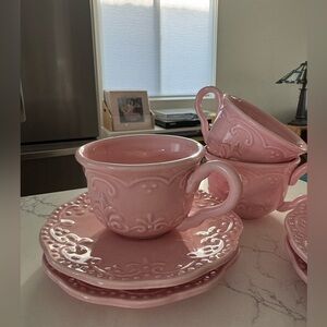 American Atelier Scallop Pink Ceramic Tea Cup and Saucer Set of 4